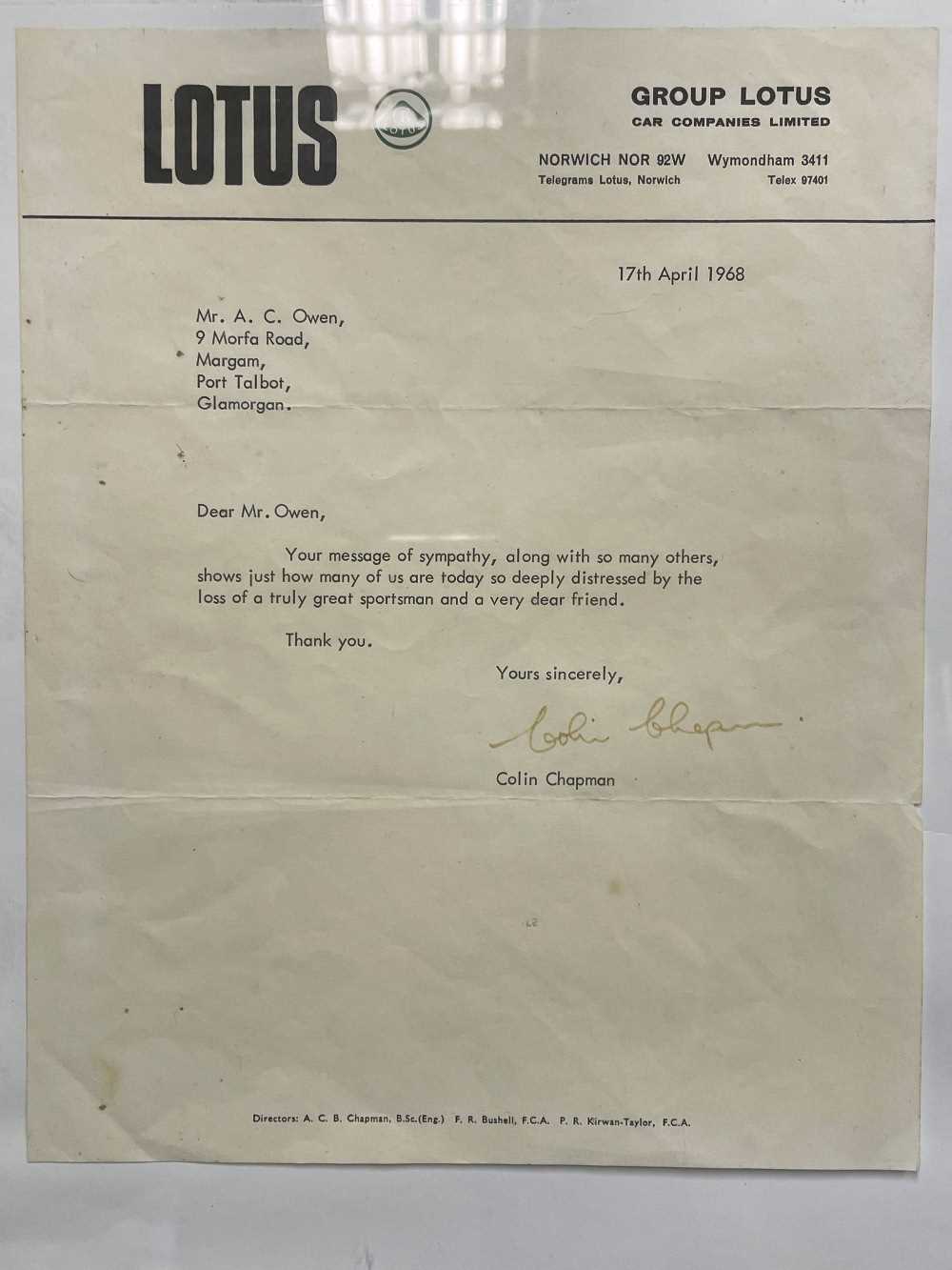 COLIN CHAPMAN/TEAM LOTUS AUTOMOBILIA, comprising two letters, one from Team Lotus, dated 1st - Image 4 of 23