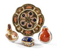 ROYAL CROWN DERBY PAPERWEIGHTS, including Millennium Bug, Wren, Robin, and a 1128 pattern saucer