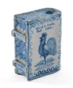 ENGLISH DELFTWARE NOVELTY SNUFF BOX, in book form with painted cockerel and flower spray,