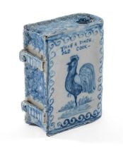 ENGLISH DELFTWARE NOVELTY SNUFF BOX, in book form with painted cockerel and flower spray,