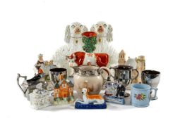 ASSORTED STAFFORDSHIRE POTTERY & CONTINENTAL CHINA, including pair of spaniels 31.5cms h, cow and