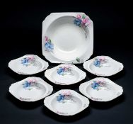 SHELLEY BONE CHINA DESSERT SET, floral pattern in pastel enamels, for six place settings (7)
