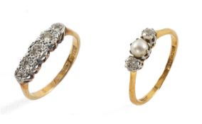TWO DIAMOND RINGS, comprising diamond and pearl ring in platinum & 18ct setting, ring size R; and