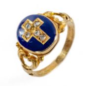 DIAMOND & ENAMEL MOURNING RING, with hinged crucifix locket compartment set with diamond chips on