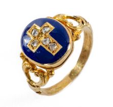 DIAMOND & ENAMEL MOURNING RING, with hinged crucifix locket compartment set with diamond chips on