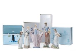 FIVE BOXED LLADRO FIGURES including, Country Chores 06370 35cms, Dancer 05050 30cms, Girl with
