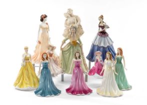 ELEVEN BONE CHINA FIGURES including, Royal Doulton March Jonquil 18cms, June Pearl 17cms, Coalport