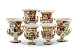 SIX EARLY 19TH C. CAMPANA VASES, four with Crown Derby marks, another with Stevenson & Hancock Derby
