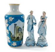 LARGE PAIR FRENCH PORCELAIN FIGURES & A VASE, the figures of lady and gent in 18th Century blue
