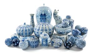 ASSORTED MODERN DECORATIVE CHINESE BLUE & WHITE, including jars, cat, cache pots, flower bricks
