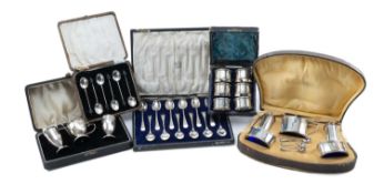 ASSORTED CASED SILVER comprising set of six engraved napkin rings, set of six silver coffee bean