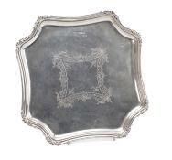 GEORGE V SILVER SQUARE TRAY, having stepped border, engraved, Sheffield 1912, Atkin Brothers,