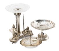 GROUP OF ELECTROPATED TABLEWARE, including Walker & Hall Egyptian revival table centrepiece, with