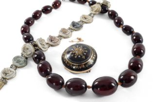 9CT GOLD PIQUE WORK BROOCH, LAVA BRACELET & BEAD NECKLACE, the brooch of domed circular form with