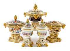 FIVE EARLY 19TH C. CROWN DERBY PASTILLE BURNERS, three with gilt masks and pierced rims and