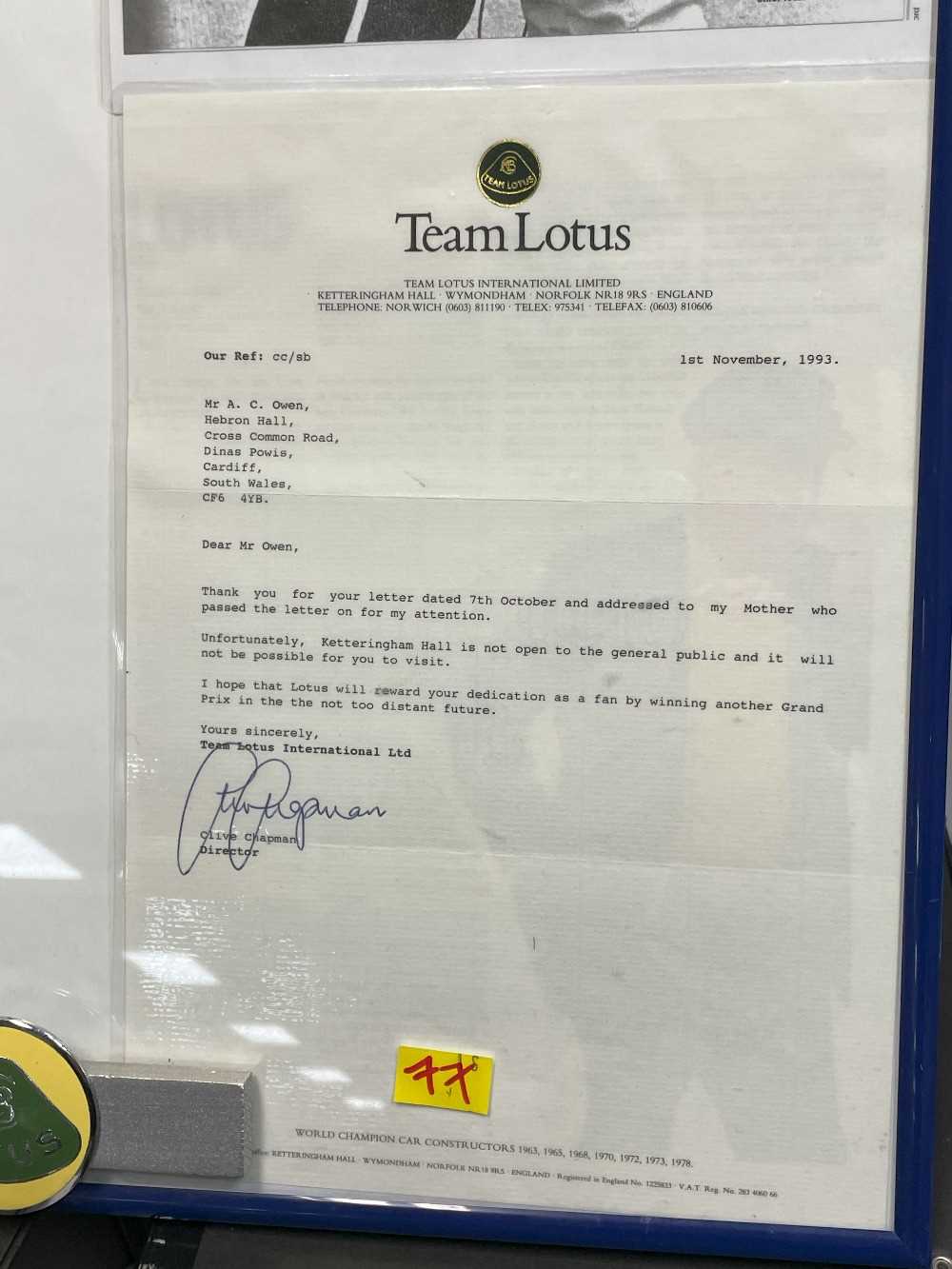 COLIN CHAPMAN/TEAM LOTUS AUTOMOBILIA, comprising two letters, one from Team Lotus, dated 1st - Image 9 of 23