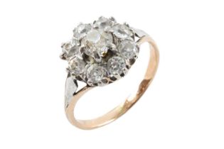 DIAMOND FLORAL CLUSTER DRESS RING, old European cut stones, principle stone appr. 5.2mm diam.,