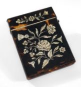 VICTORIAN TORTOISESHELL & IVORY CARD CASE, sides inlaid with wild flowers and foliage, hinged cover,