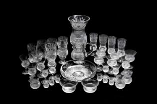 LARGE SUITE OF EDINBURGH CRYSTAL ENGRAVED TABLE GLASS, including tall beakers, champagne flutes,