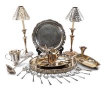 ASSORTED PLATED WARES, including pair Old Sheffield Plate candlesticks with shades, tea trays,