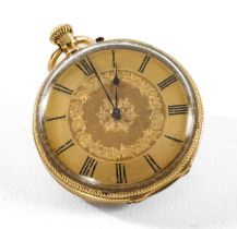 18K GOLD OPEN FACE POCKET WATCH, the dial with Roman numerals, the cuvette engraved 'Maker To The