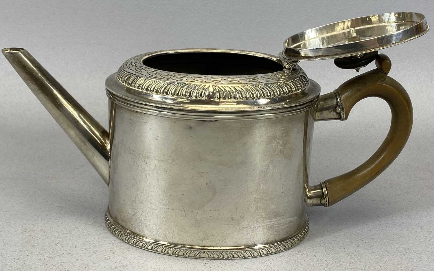 GEORGE III SILVER TEAPOT oval form with gadrooned and chased decoration to the hinged lid - Image 2 of 3