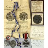 GERMAN WWI & WWII MEDALS AND RELATED ITEMS, lot comprises a 1914 iron cross, believed silver, with