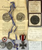 GERMAN WWI & WWII MEDALS AND RELATED ITEMS, lot comprises a 1914 iron cross, believed silver, with