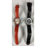 TWO LADY'S & GENTS SEIKO 5 AUTOMATIC WRISTWATCHES WITH LEATHER STRAPS, one black, one red, the gents