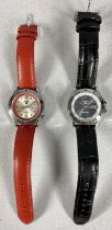 TWO LADY'S & GENTS SEIKO 5 AUTOMATIC WRISTWATCHES WITH LEATHER STRAPS, one black, one red, the gents