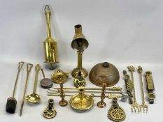 VINTAGE BRASS STUDENT'S CANDLE LAMP, 30cms H, clockwork roasting jack, various brass toasting forks,