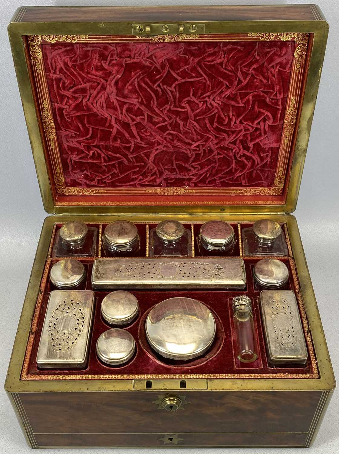 VICTORIAN MAHOGANY & BRASS BOUND TRAVELLING VANITY / JEWELLERY CASE AND CONTENTS, comprising 14 x