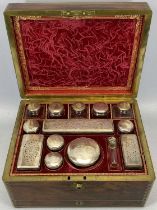 VICTORIAN MAHOGANY & BRASS BOUND TRAVELLING VANITY / JEWELLERY CASE AND CONTENTS, comprising 14 x