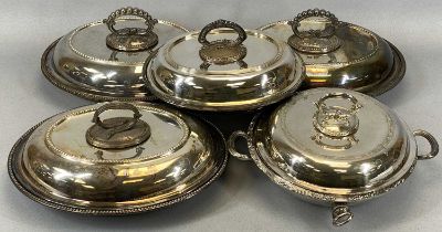 FIVE LIDDED EPNS ENTREE DISHES comprising four oval & one circular with twin handles and interior