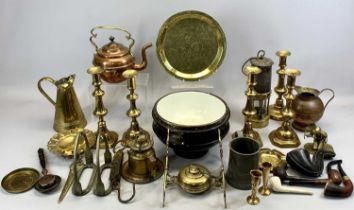 VICTORIAN BRASS CANDLESTICKS, 2 x pairs, with knopped columns and octagonal bases, 26cms H, brass