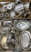 GOOD SELECTION OF VICTORIAN & LATER SILVER PLATED TABLEWARES, including a bright cut three-piece tea