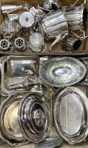 GOOD SELECTION OF VICTORIAN & LATER SILVER PLATED TABLEWARES, including a bright cut three-piece tea