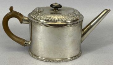 GEORGE III SILVER TEAPOT oval form with gadrooned and chased decoration to the hinged lid