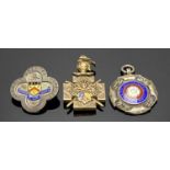 THREE SILVER, GILT METAL ENAMELLED FOB PENDANTS & BROOCH, lot comprises a Knight of Pythias unmarked