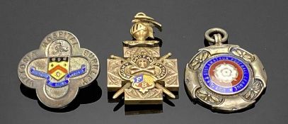 THREE SILVER, GILT METAL ENAMELLED FOB PENDANTS & BROOCH, lot comprises a Knight of Pythias unmarked