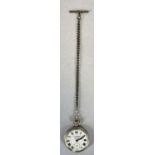 VINTAGE CHROME CASED POCKET WATCH ON A MIXED METALS ALBERT WITH T-BAR, the dial marked 'R S