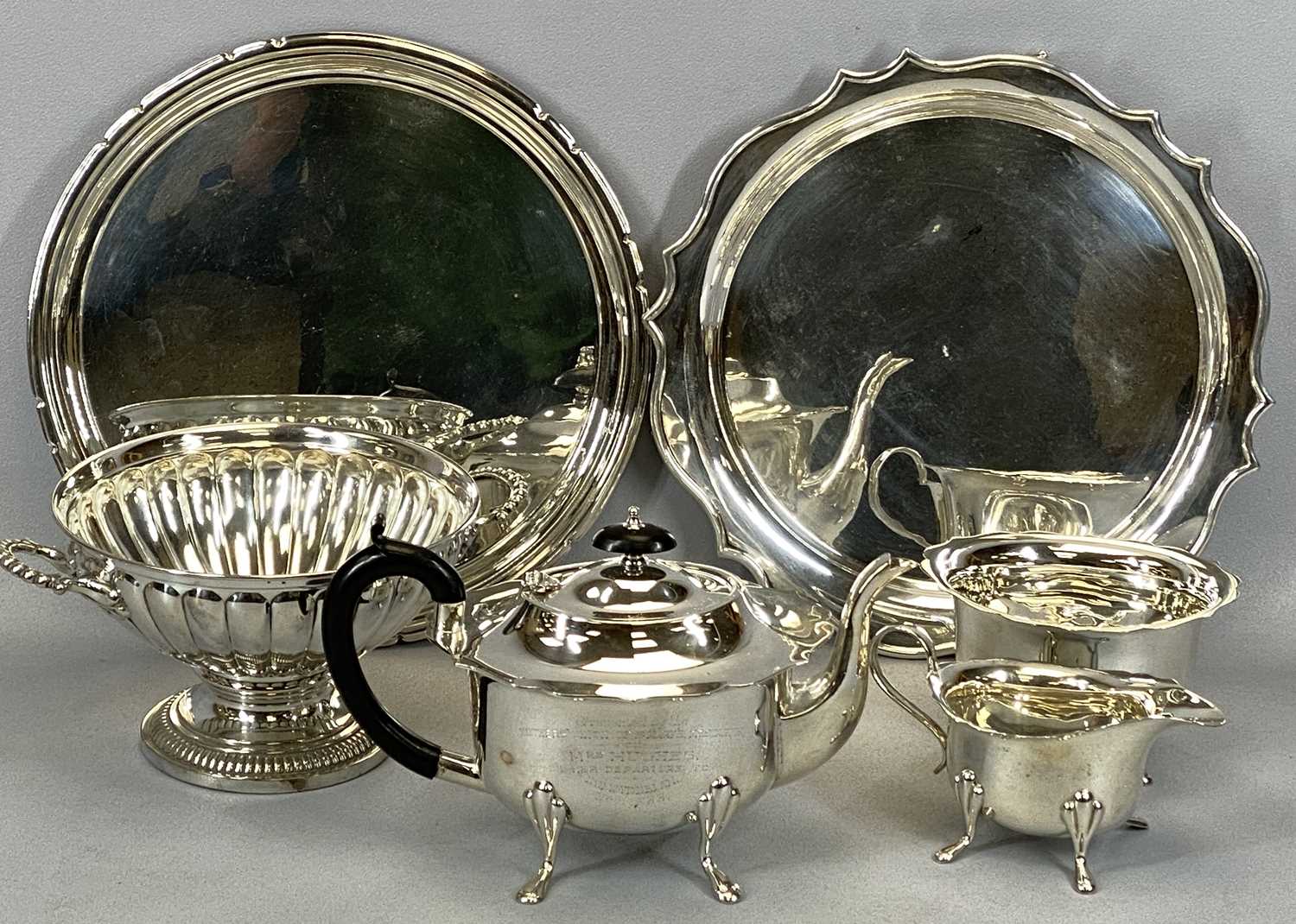 MIXED EPNS & TABLEWARE comprising three-piece presentation tea service, the teapot inscribed '