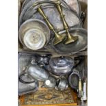EPNS WARE, PEWTER, BRASSWARE & OTHER COLLECTABLE GOODS WITHIN 2 BOXES, to include a three-piece EPNS