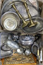 EPNS WARE, PEWTER, BRASSWARE & OTHER COLLECTABLE GOODS WITHIN 2 BOXES, to include a three-piece EPNS