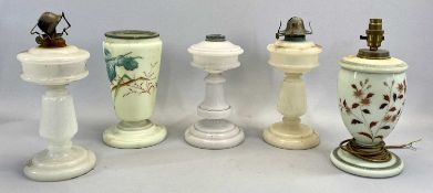 FOUR OPAQUE WHITE GLASS OIL LAMP BASES, Victorian painted opaque glass oil lamp base converted to