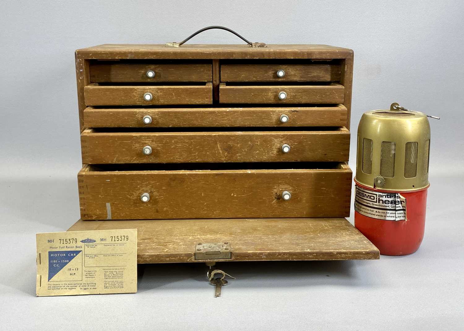 WOODEN TOOLMAKER'S CABINET, removable front enclosing interior fitted with four short and three long