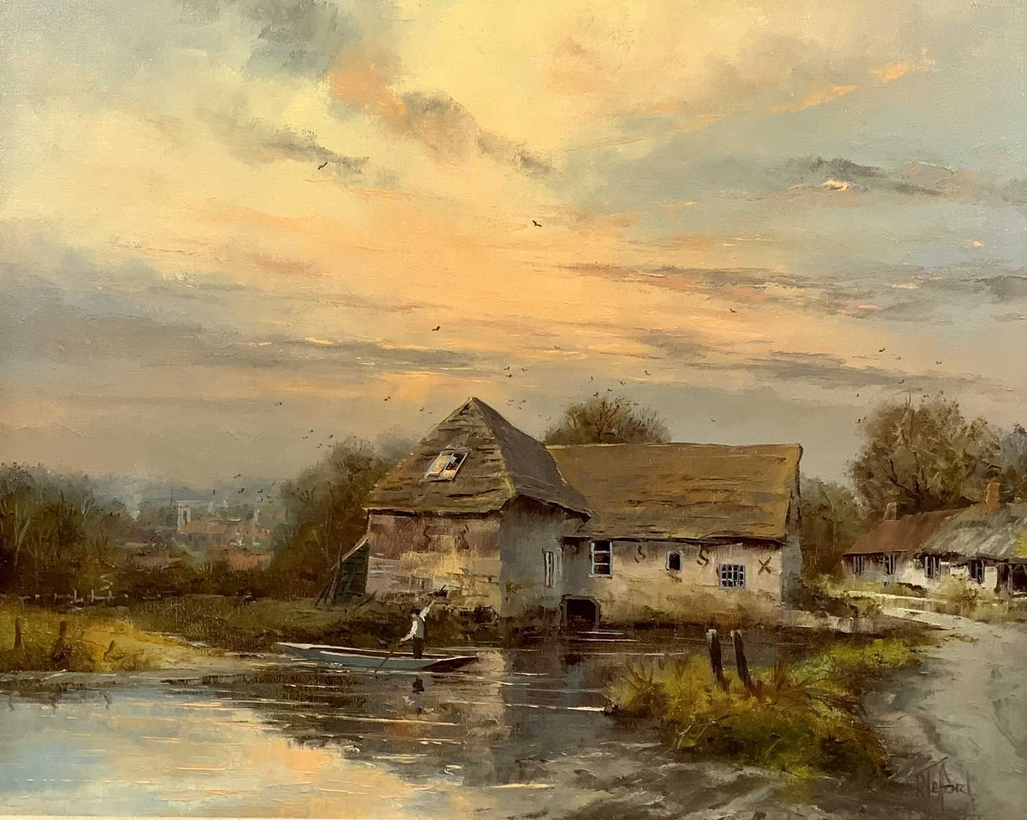 ‡ RICHARD TELFORD oil on canvas - farmhouse, figure in punt in foreground, signed lower right, 39