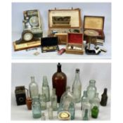 QUANTITY OF VINTAGE FISHING TACKLE & AN OLD ATTACHE CASE, collection of vintage bottles, Box Brownie