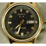 GENTS SEIKO 5 AUTOMATIC GOLD TONE BRACELET WRISTWATCH, black dial with gold colour box markers,