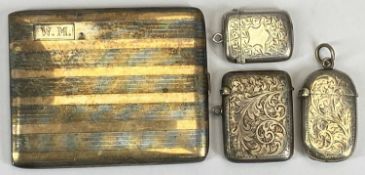 STERLING SILVER & GOLD CIGARETTE CASE AND THREE VINTAGE VESTA CASES, the cigarette case stamped '